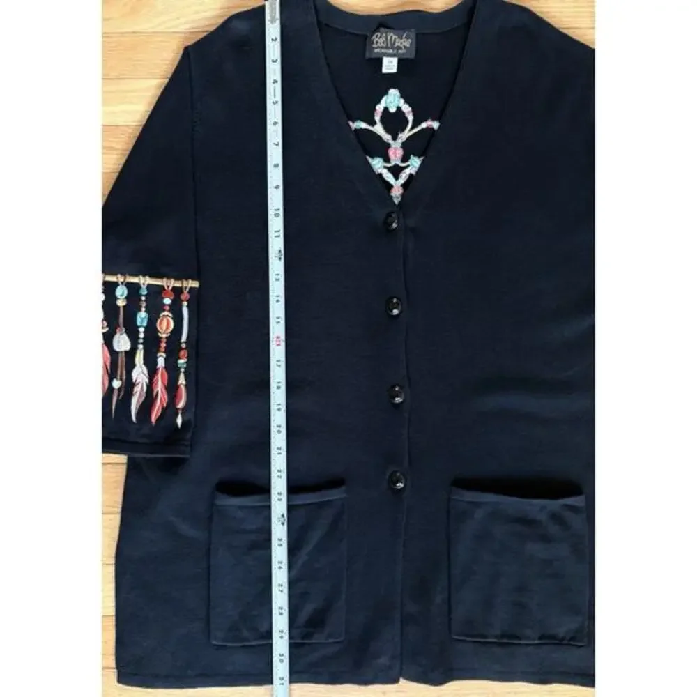 Bob Mackie Wearable Art Feather Embroidery Cardigan Sweater V-neck Black Plus 2X